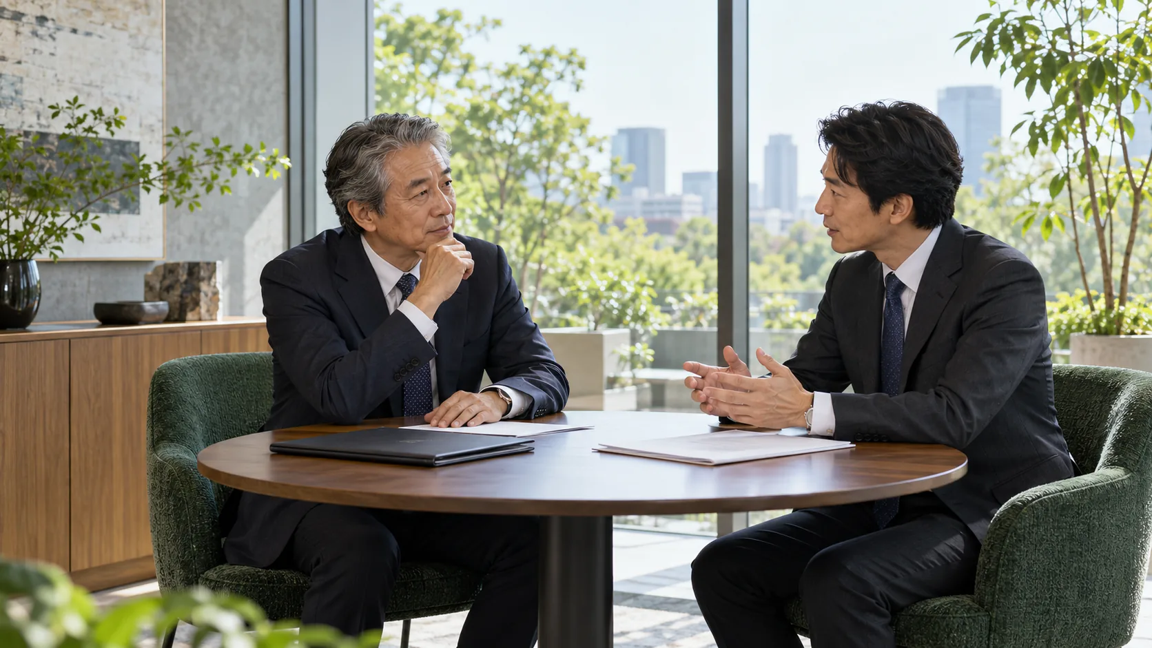 事業の将来について話し合う経営者とアドバイザー