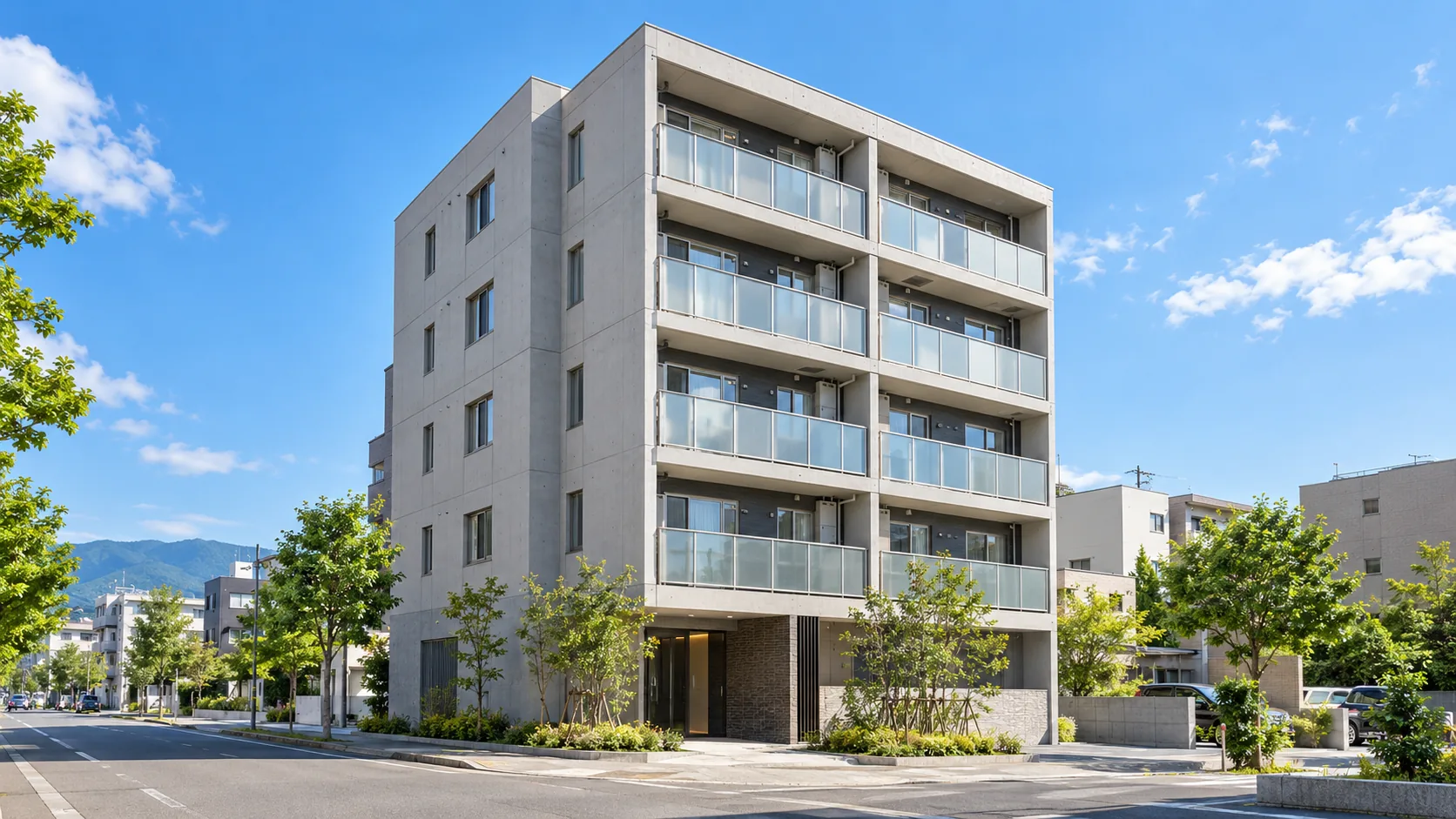明るい市街地に立つ集合住宅