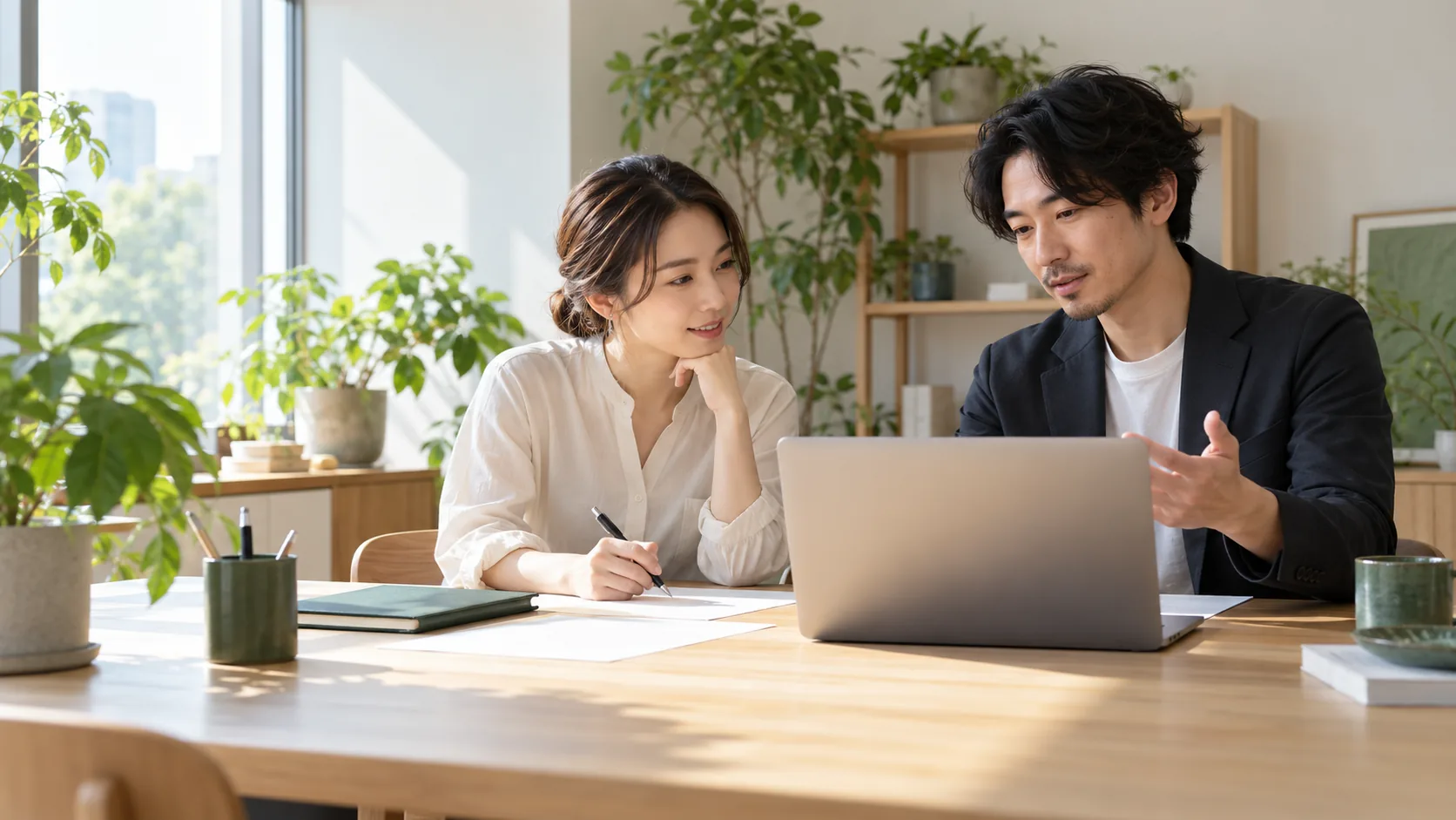 仕事場で創業の準備を進める二人