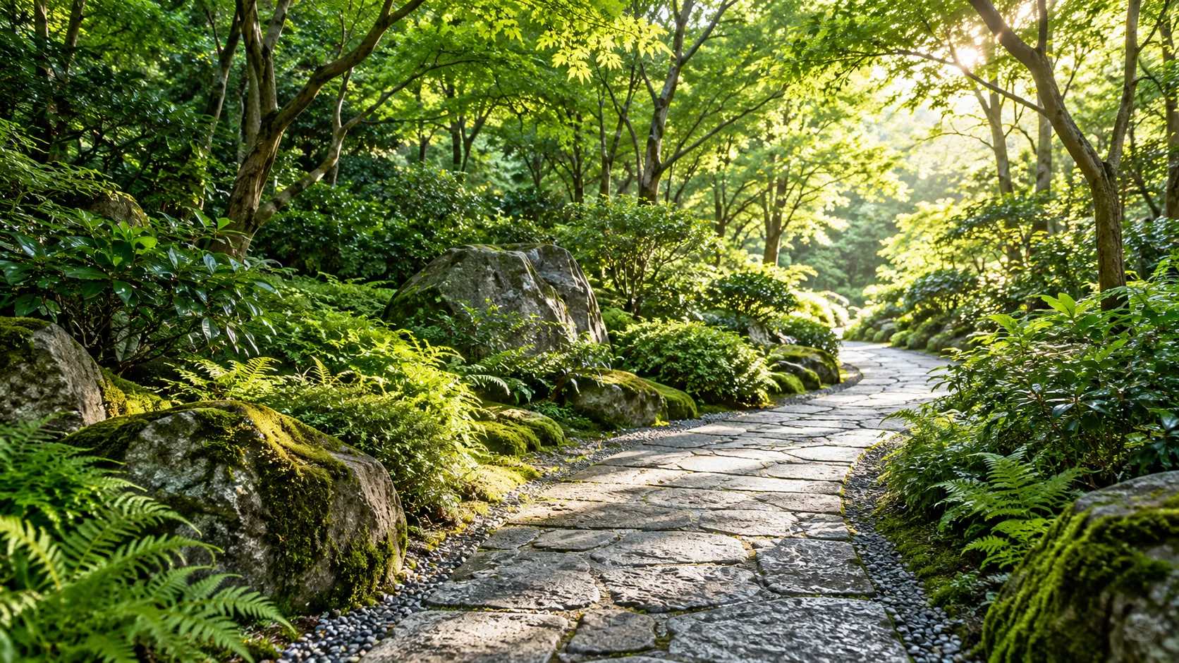 朝の光が差し込む緑の庭園に続く石の道