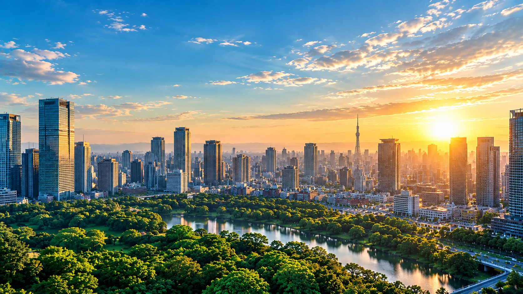 朝日に照らされる都市と、緑豊かな公園の景色