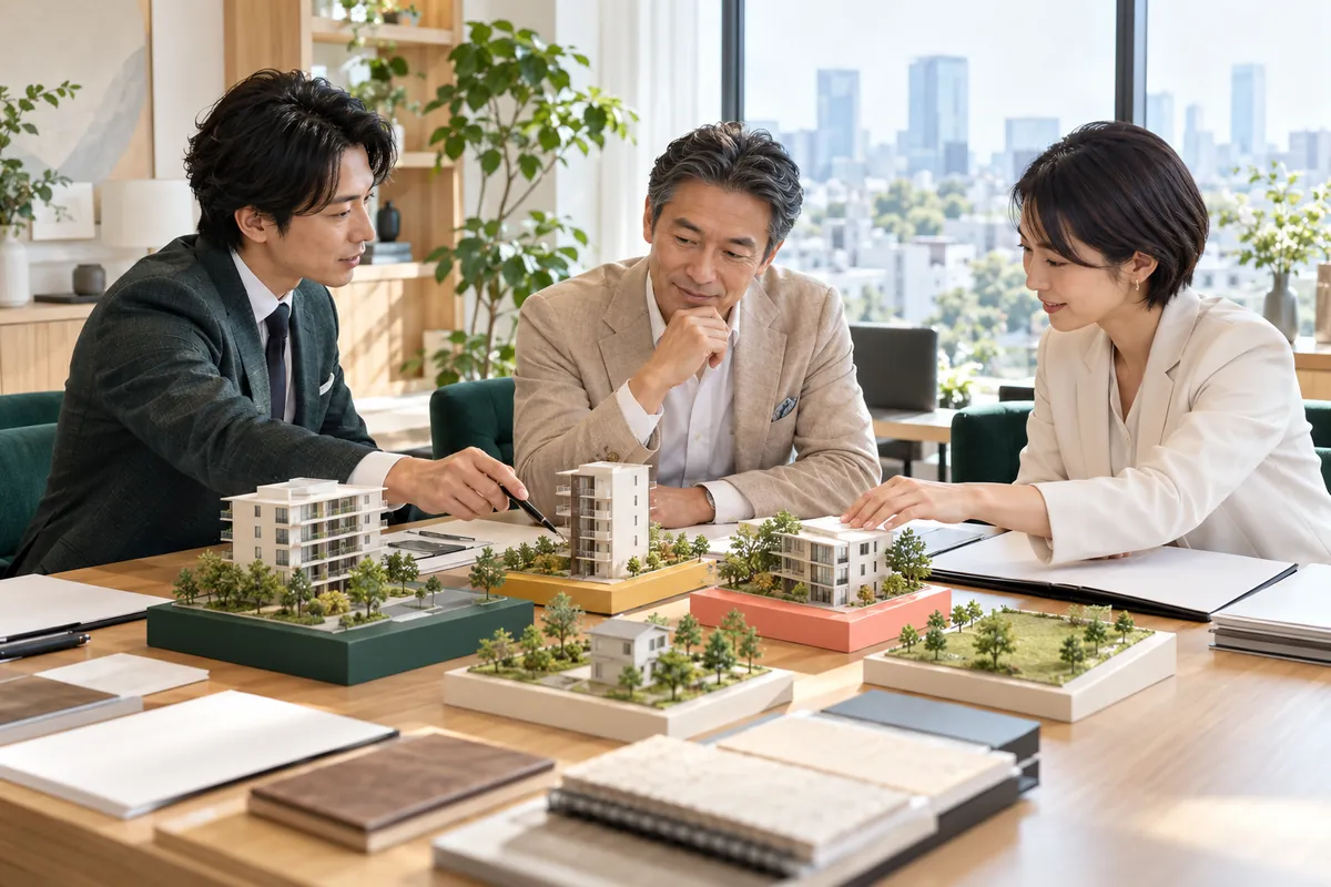 複数の建物模型を囲み不動産の持ち方を相談するイメージ