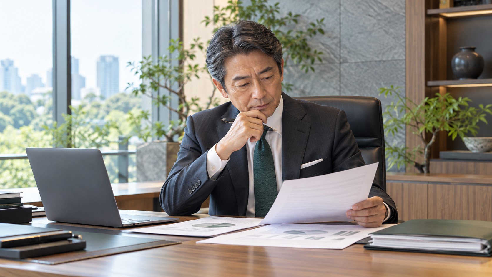 執務室で書類を手に考え込むスーツ姿の経営者