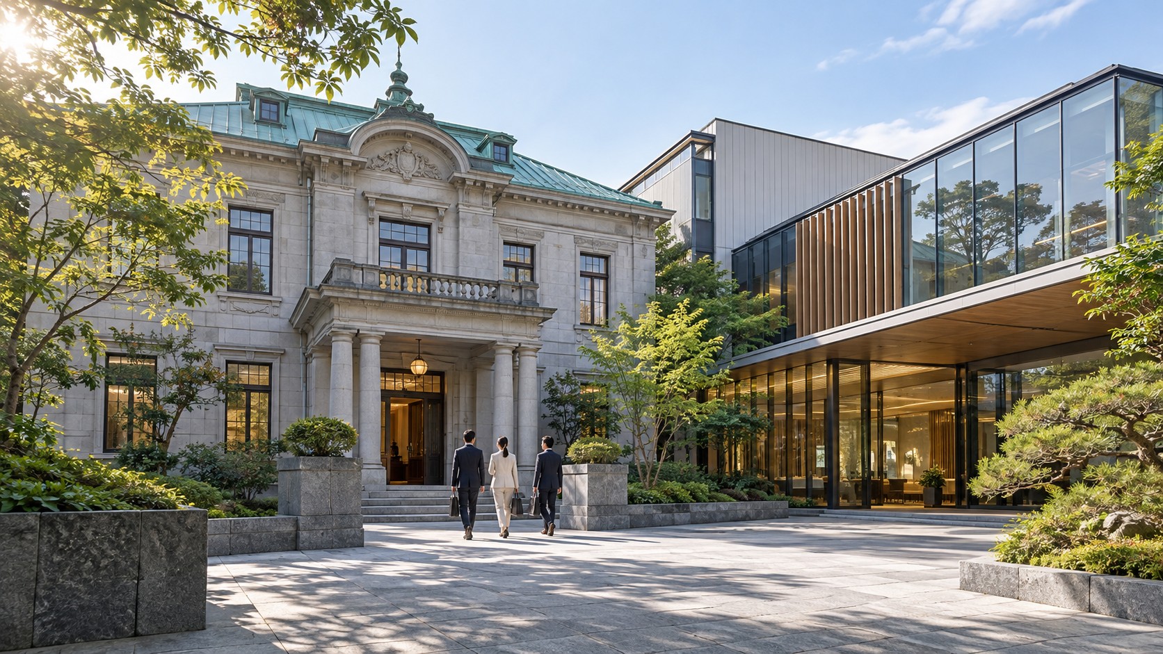 歴史ある石造りの建物とガラス張りの新しい建物が並ぶ本社の外観