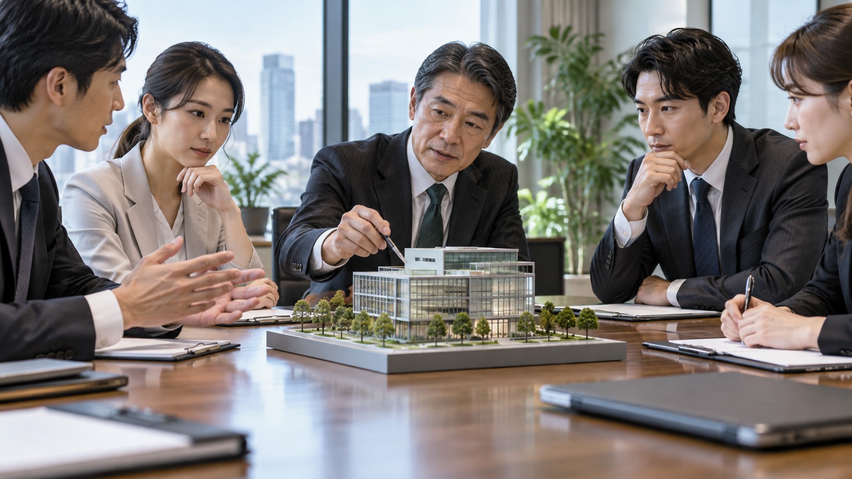 会議卓中央のオフィスビル模型を囲んで話し合う5人のビジネスパーソン