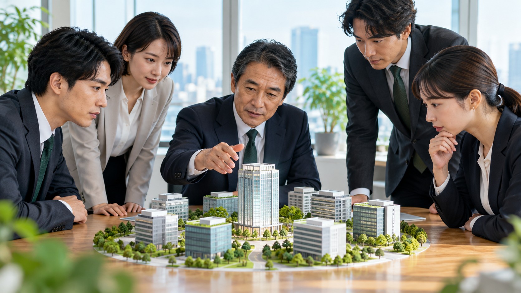 複数のビル模型が並ぶジオラマを囲んで検討する5人
