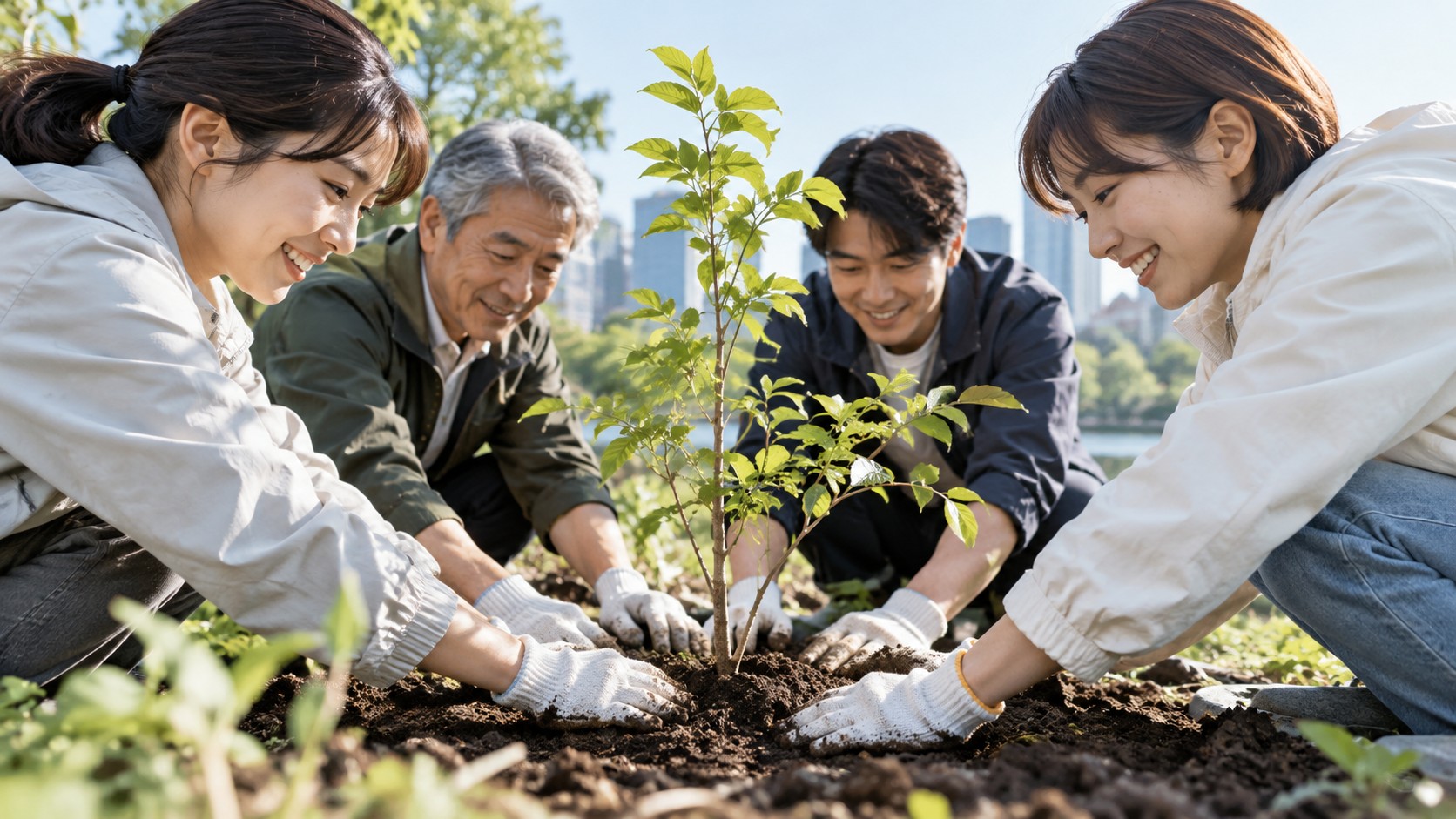 4人の男女が手袋をして苗木を植える様子