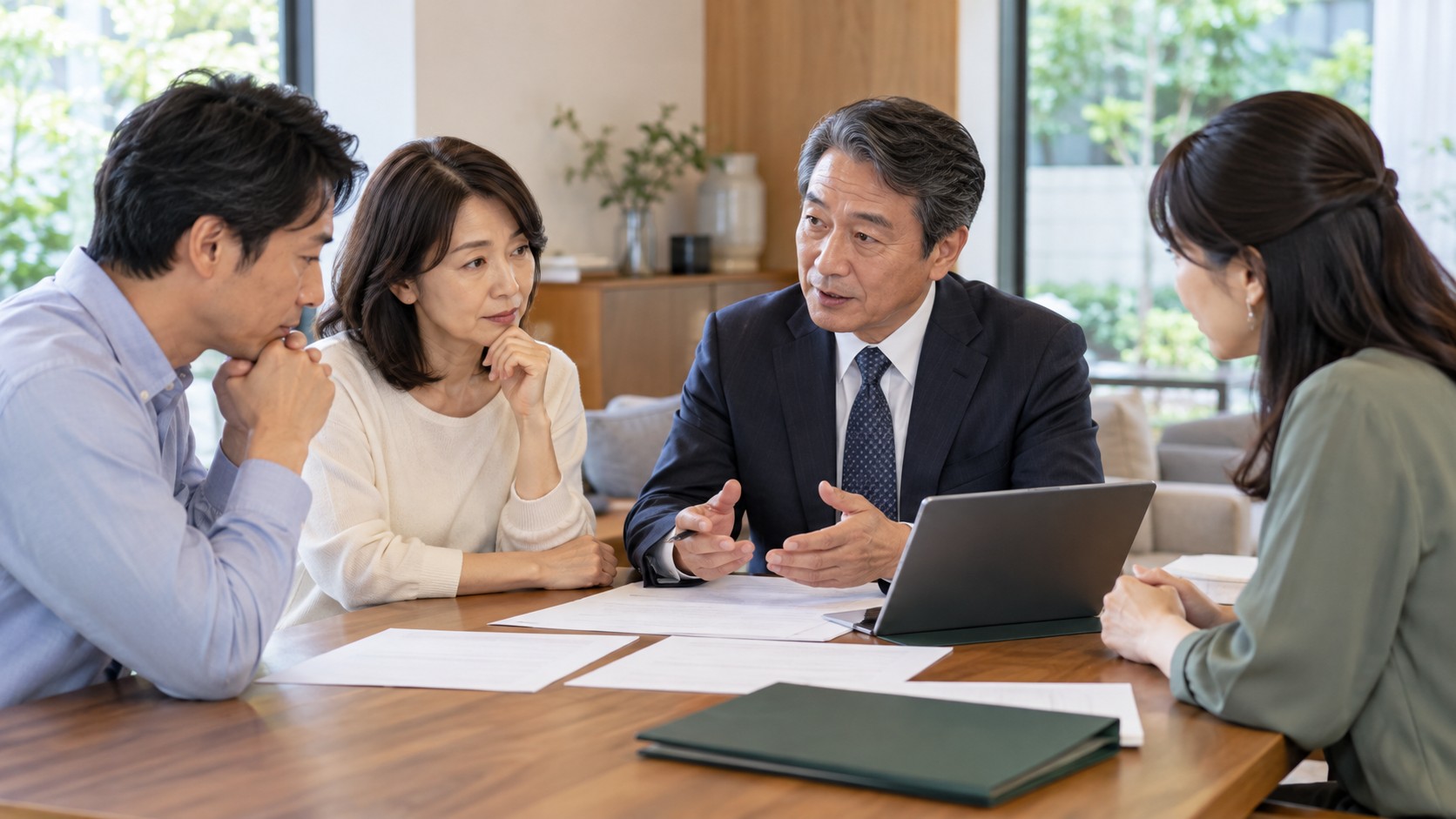自宅で専門家を交えて話し合う中年の男女
