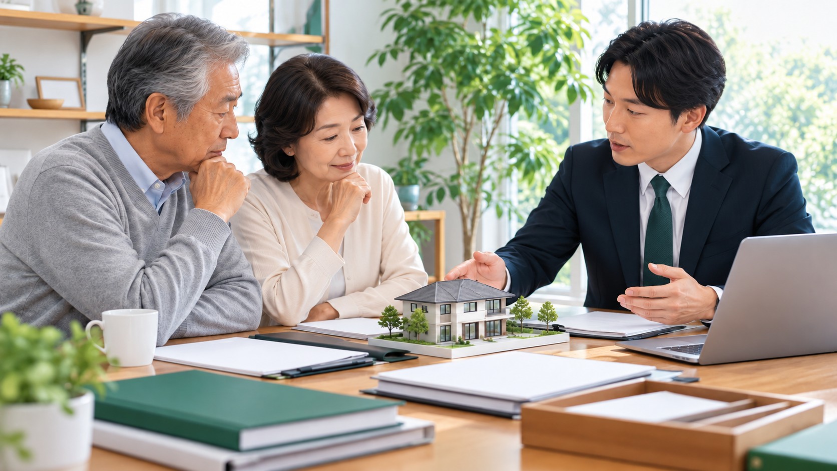 住宅模型を前に、高齢の夫婦に若い専門家が説明する様子