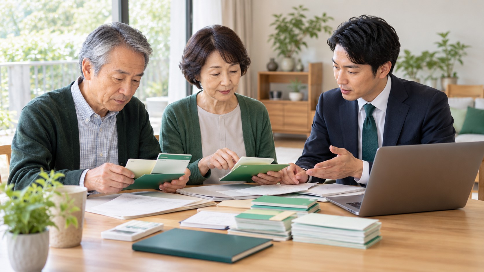 通帳を手に資料を整理する高齢の夫婦と専門家