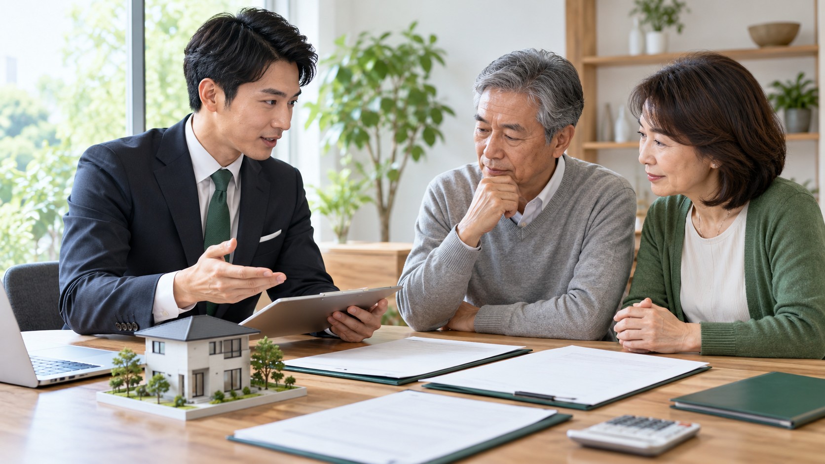 住宅模型と資料を前に、高齢の夫婦にタブレットで説明する専門家