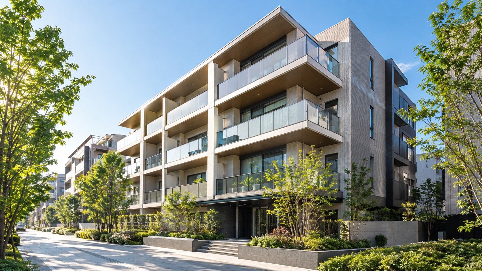 朝の光に照らされた中層の賃貸マンションと街路