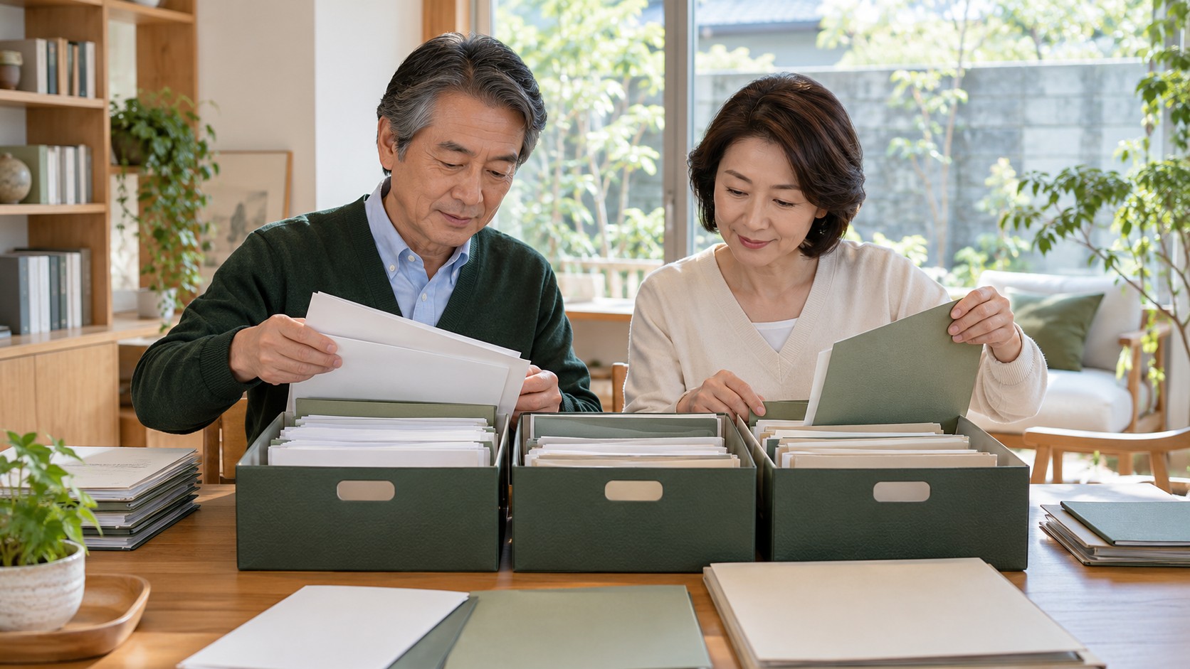 緑色の収納箱で資料を分類・整理する高齢の夫婦