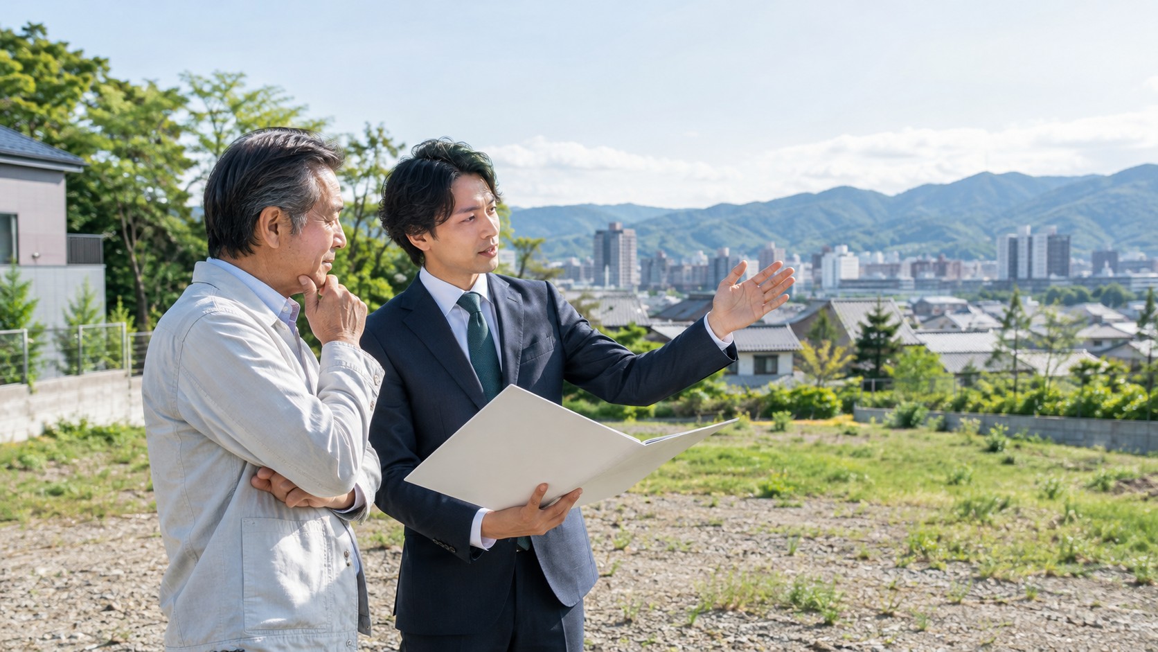 草地の未利用地で、資料を手に話し合う土地オーナーと企画担当者