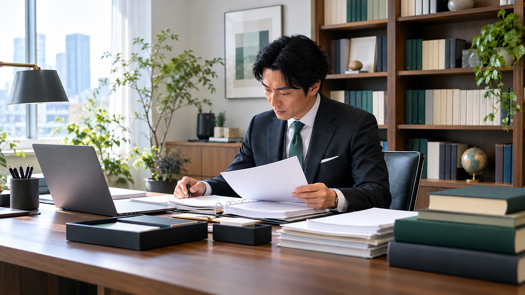 書棚のある執務室で書類を読む専門家