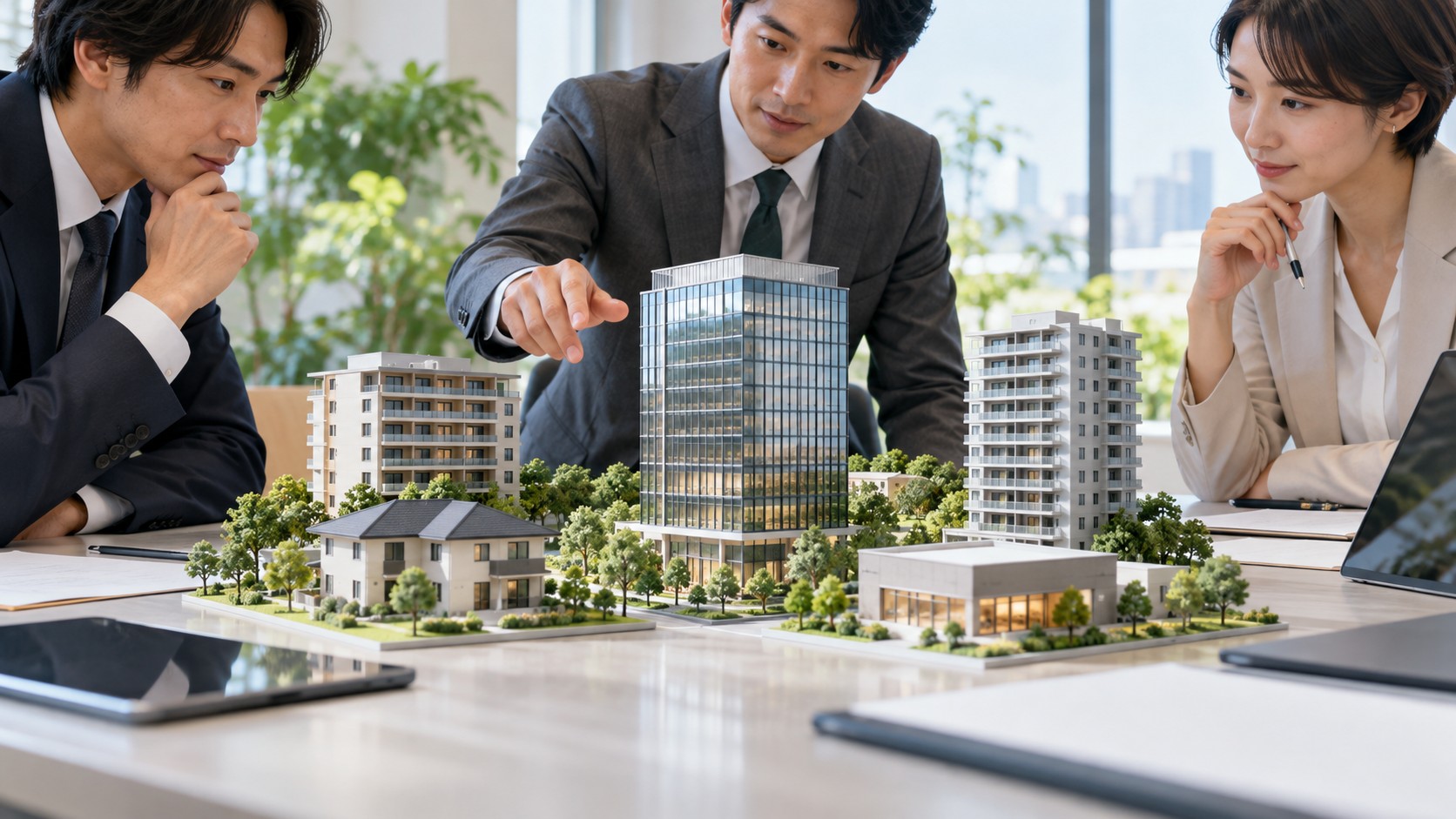 複数の建物模型を囲んで検討する3人