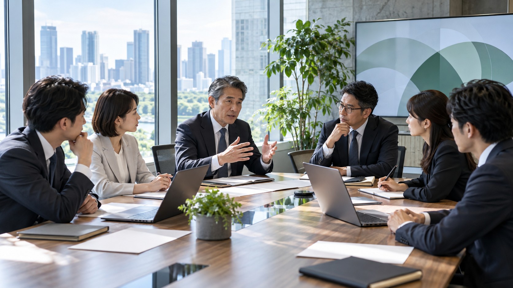 会議室で幹部たちが方針を話し合う様子