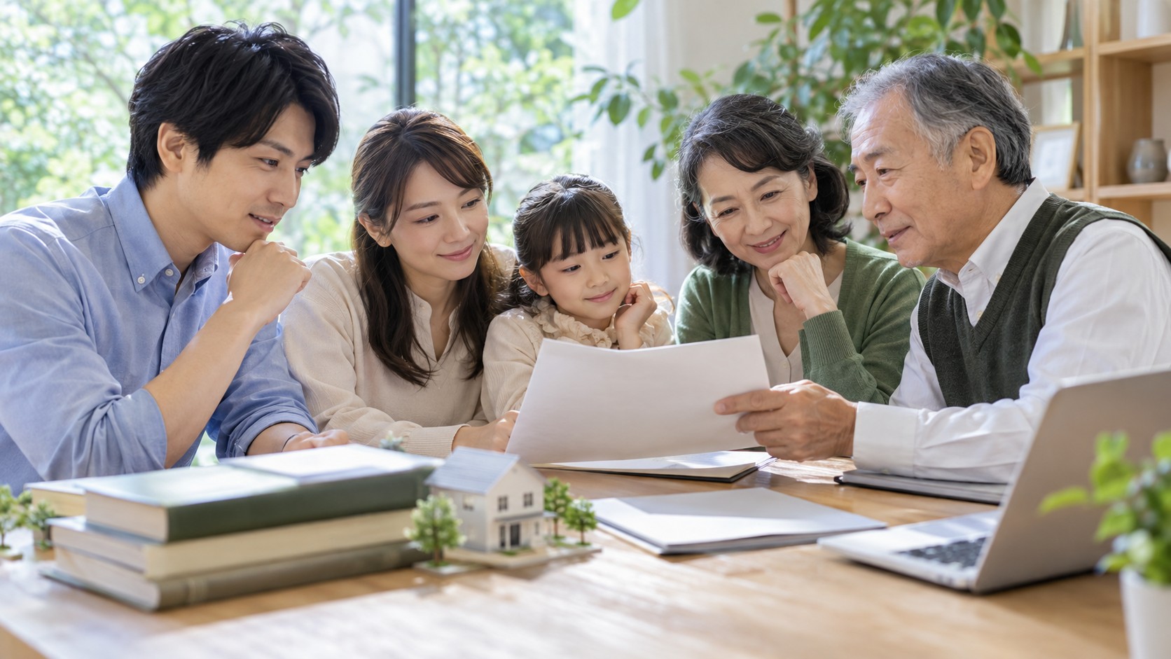 三世代の家族が資料と住宅模型を前に話す様子