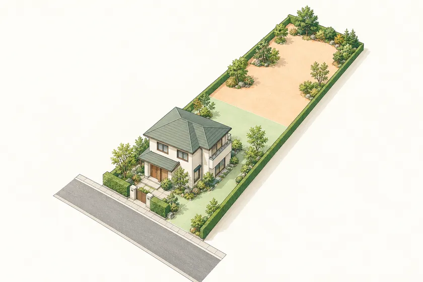 道路から奥へ細長く延びる土地と住宅のイラスト。手前と奥で土地の色分けがされている