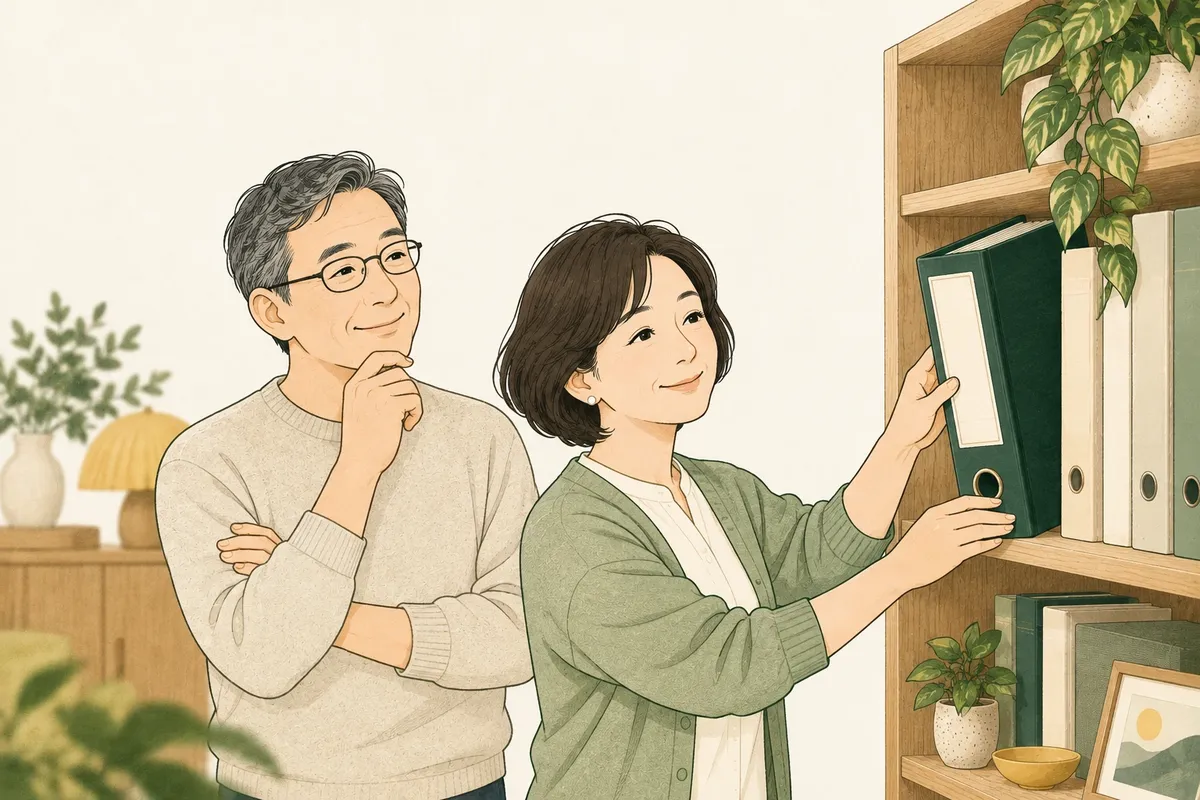 本人が緑のファイルを棚にしまい、家族がそばで見ている