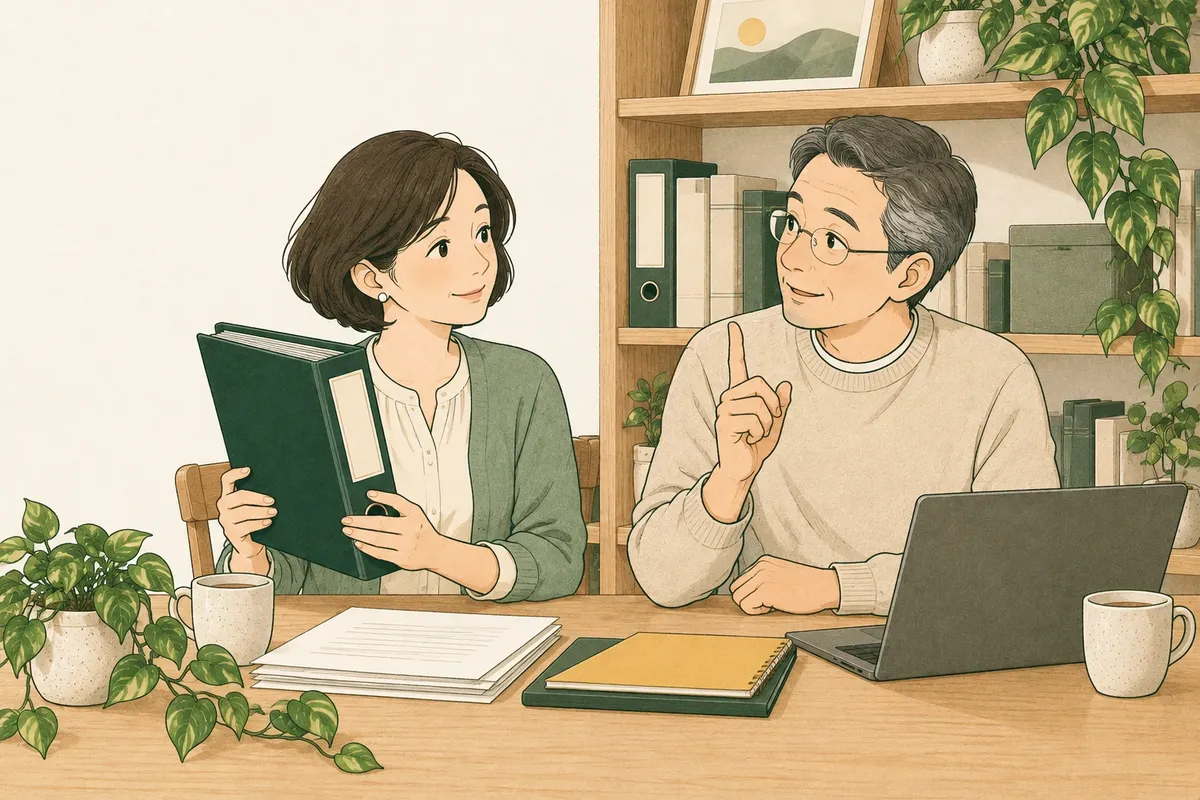 ファイルを手にした本人に、家族が指を軽く上げて尋ねている