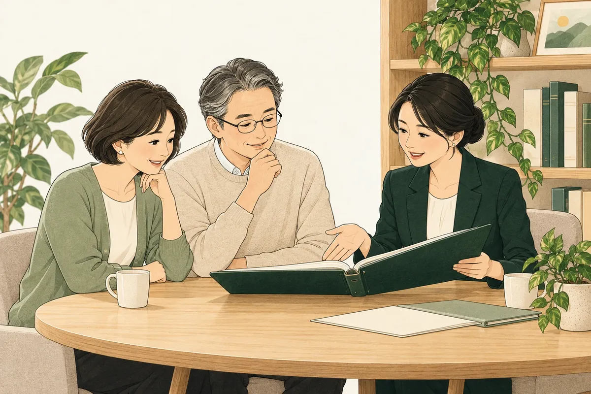 本人と家族が、担当者と同じテーブルでファイルを見ながら相談している