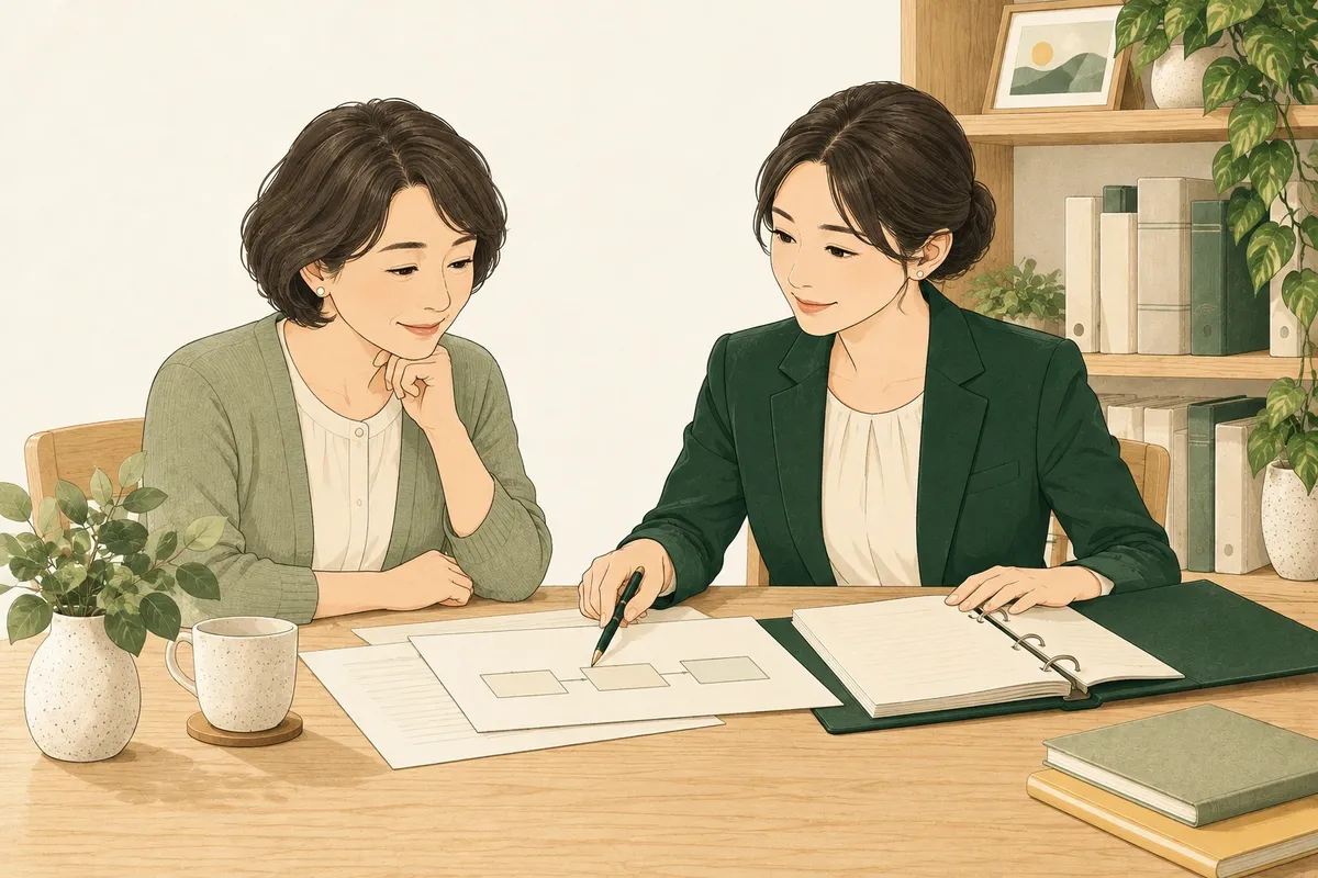 担当者と本人が、机の上の資料を一緒に確認している