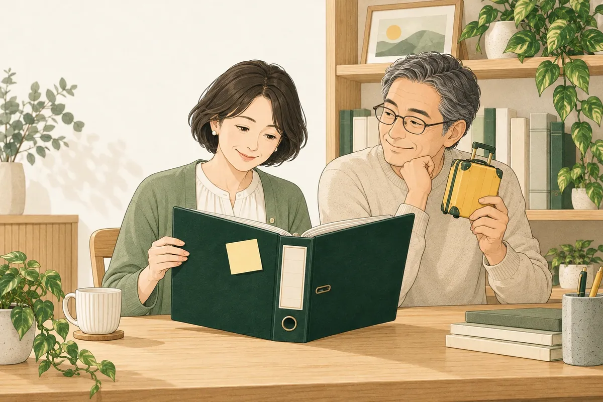 自宅でファイルを開き直す本人と、小さな旅行かばんを持つ家族