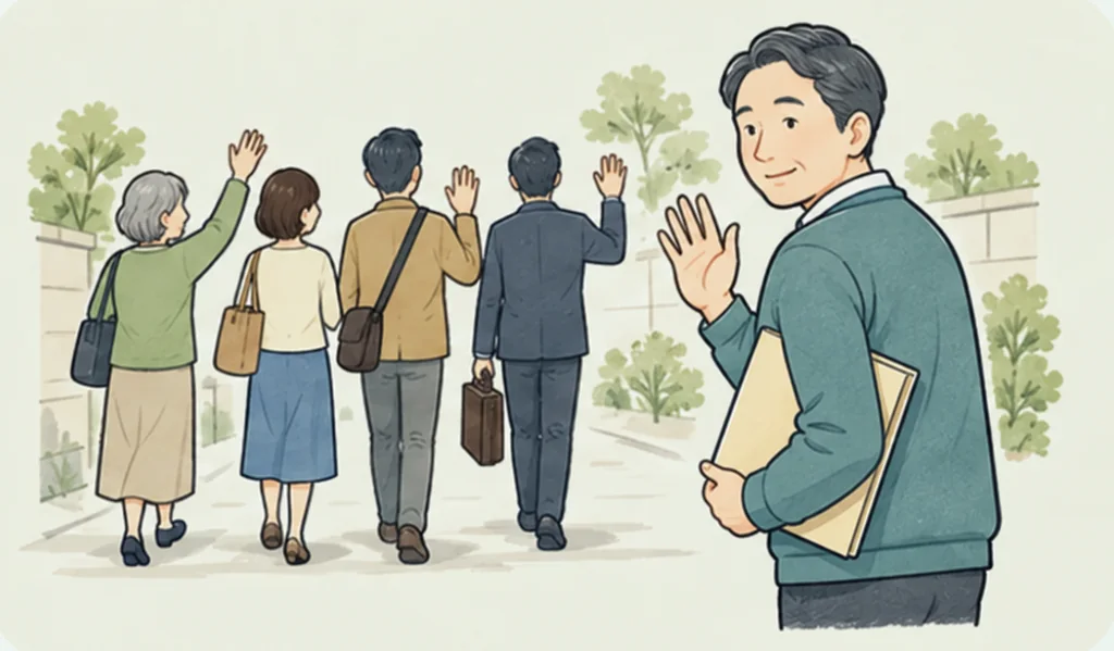 帰っていく家族と、書類を抱えて振り返る一人
