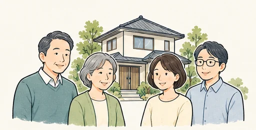 同じ実家の前に立つ家族