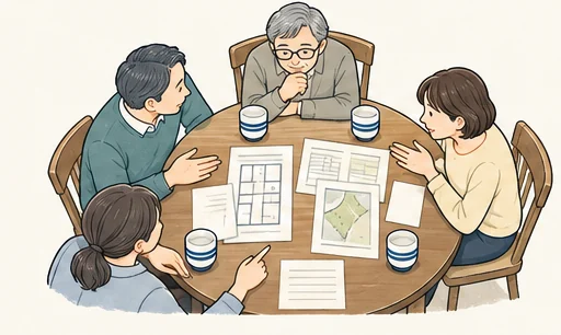 湯のみを前に、テーブルの資料を指さしながら話す家族